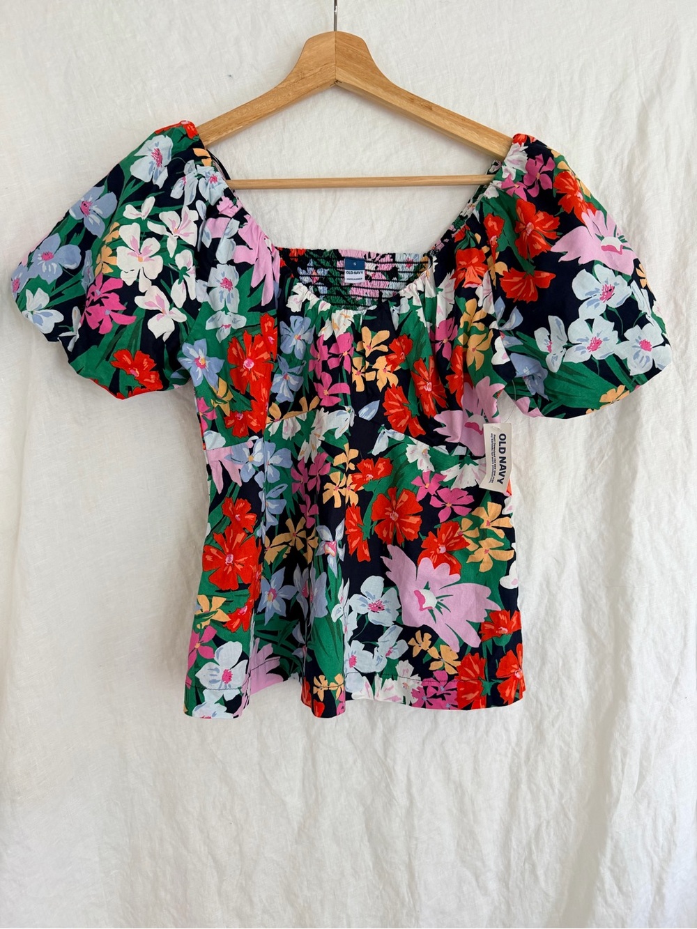 Old Navy Navy Floral Square-Neck Puff Sleeve Top